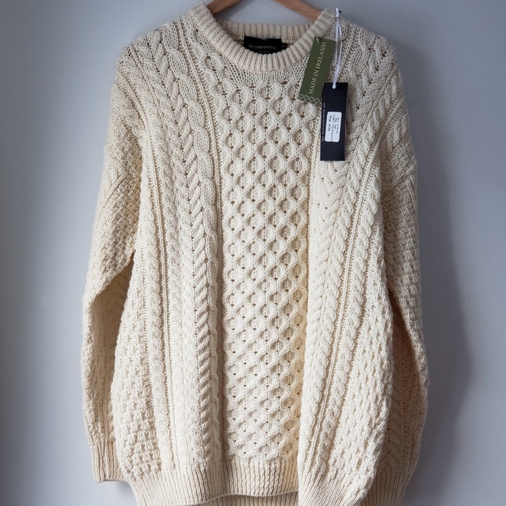 NWT! rue saint-patrick cable knit sweater made In Ireland worsted wool